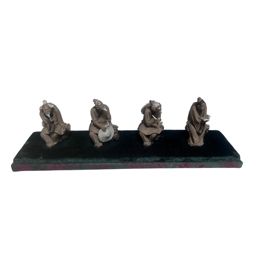 Vintage Chinese Mudman Figurine Set Four Elders on Velvet Display Base Shiwan